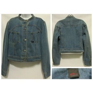 FUBU Classics Womens Button Light Wash Blue Denim Crop Jacket Large L Top Coat